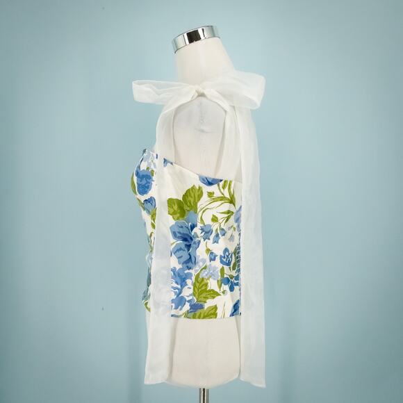 Reformation Size 4 Zoey Lucca White Blue Floral Print Ribbon Tie Sleeveless Top - Picture 3 of 8